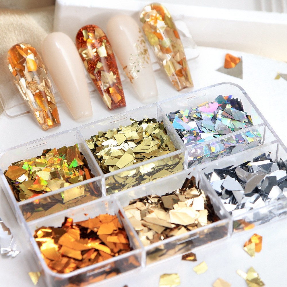 6 Grids Irregular Fragments Nail Glitter Sequins Mixed Colors Flakes Nails Decor