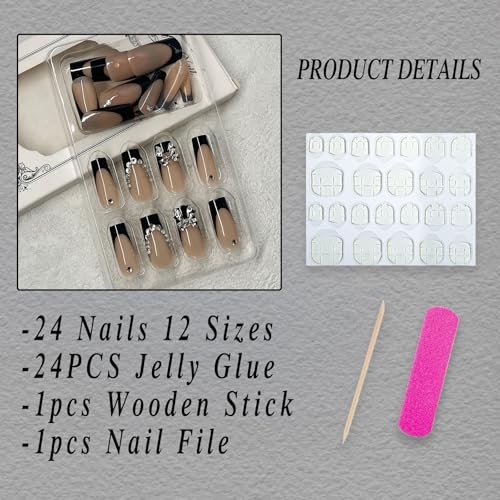 Black French Tip Press on Nails Medium Square Fake Nails with Silver Bow