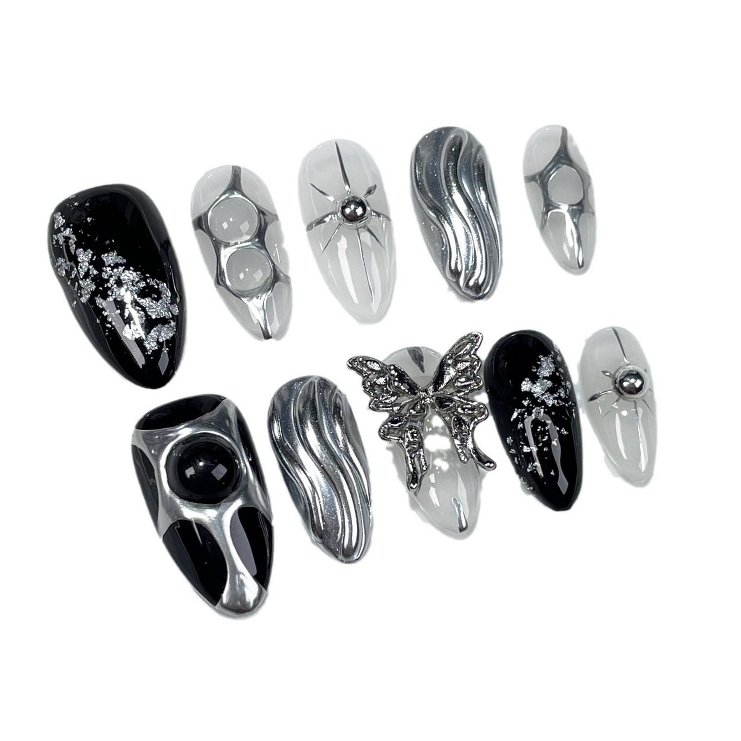Medium Almond Press-On Nails with 3D Metal Butterfly, Irregular Silver Design, F