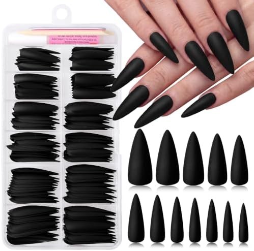 144pc Black Press on Nails Long Stiletto Fake Nails with Glue & Tabs, Long Black