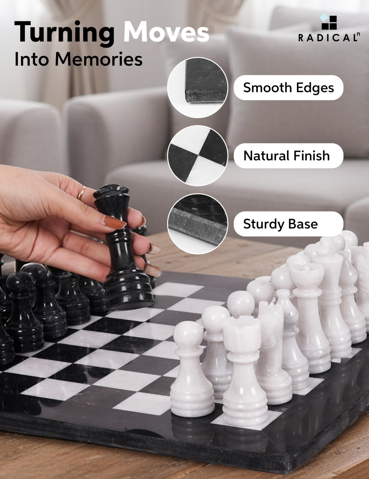 Radicaln Marble Chess Set 15″ Inches Black & White with 15 inches,