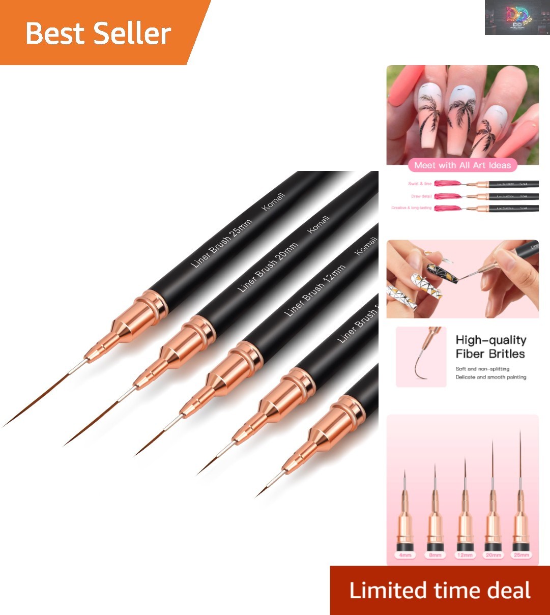 5-Piece Metallic Nail Art Brush Set for Fine Detailing & Precision