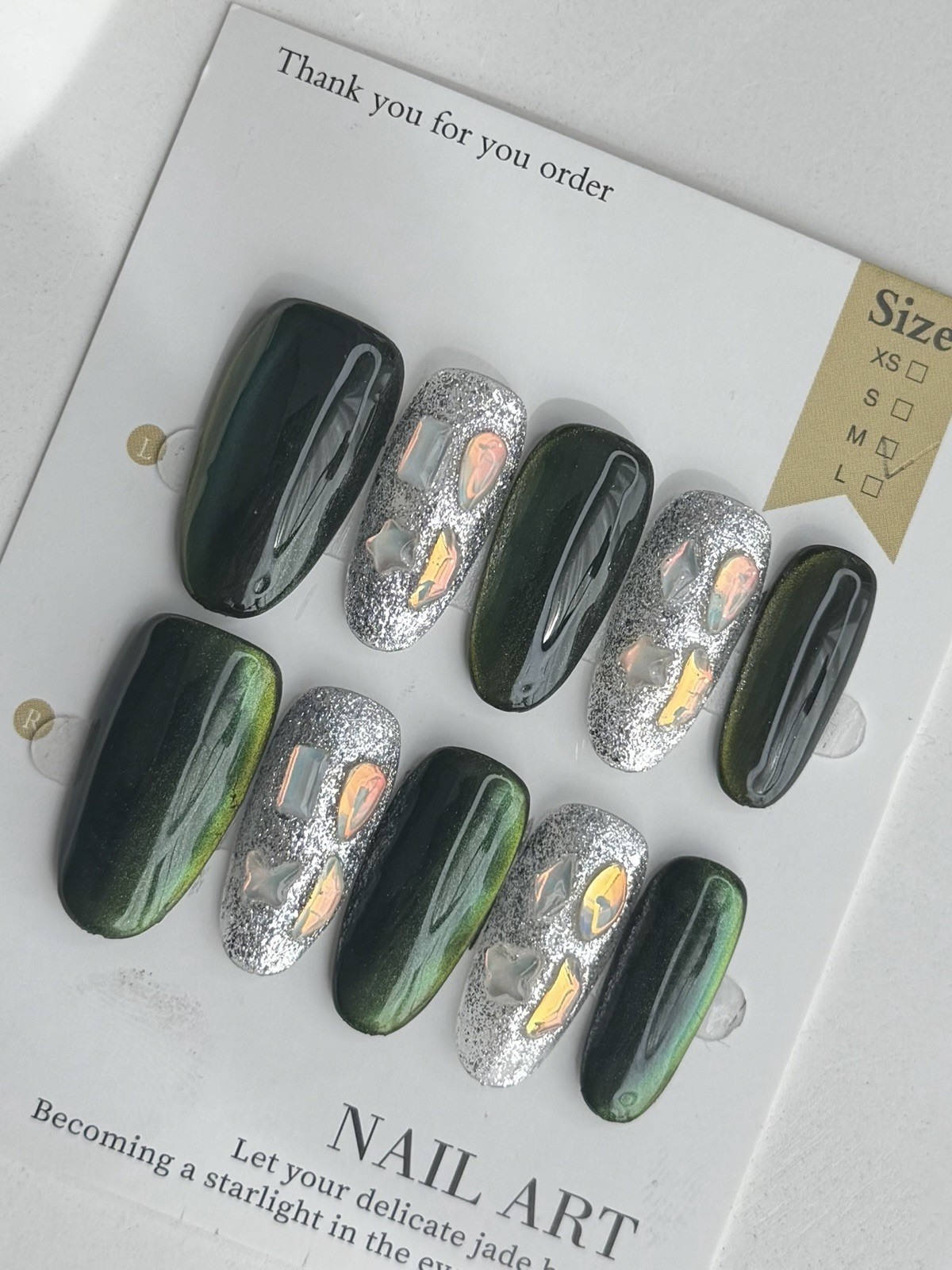 Handmade Dark Green Silver Rhinestone Press-On Nails Medium Oval Reusable