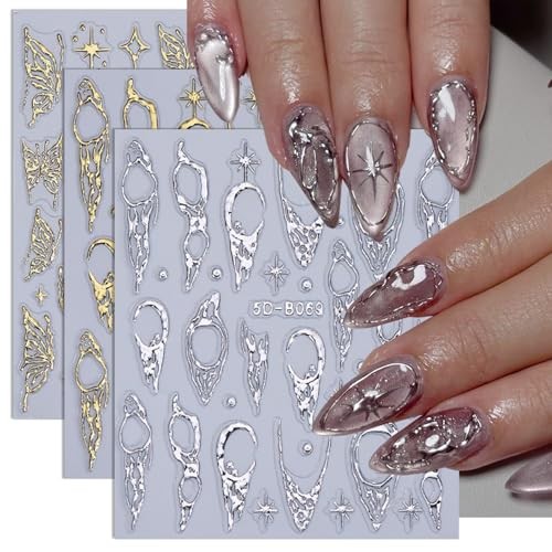 5D Metallic French Tips Nail Stickers Gold Silver Star flower nail decals-8