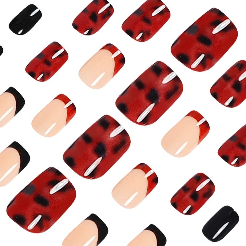 48PCS Short Square Nude Black French Pointed Leopard Print Nail Press, Reusable