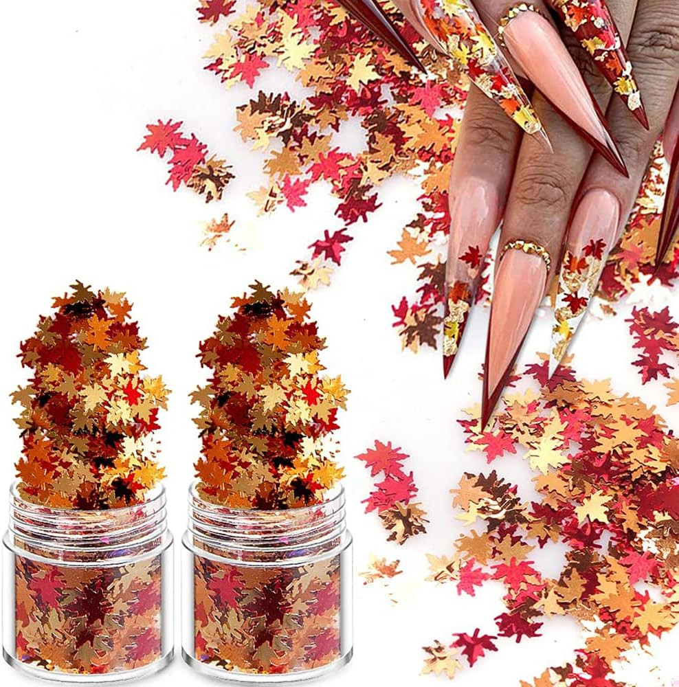 Holographic Glitters Fall Maple Leaf Shaped Nail Art Sequins Flakes 2 Pot, 3D Me