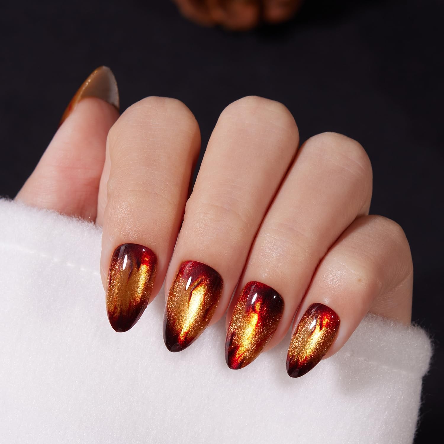 VSALON Press On Nails Short Almond – Golden Cat Eye, 32 PCS