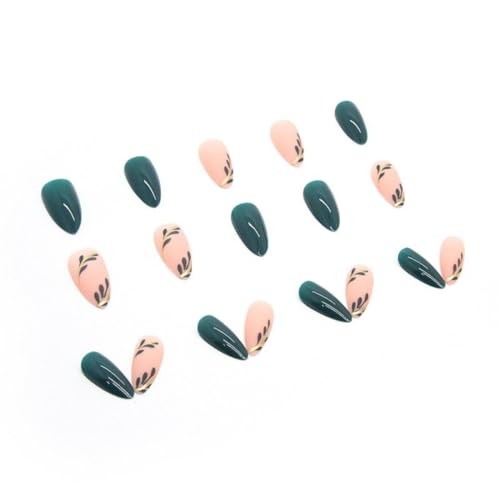 Green Press on Nails Gold Medium Almond 1 Fl Oz (Pack of 1) Almond Flower-11