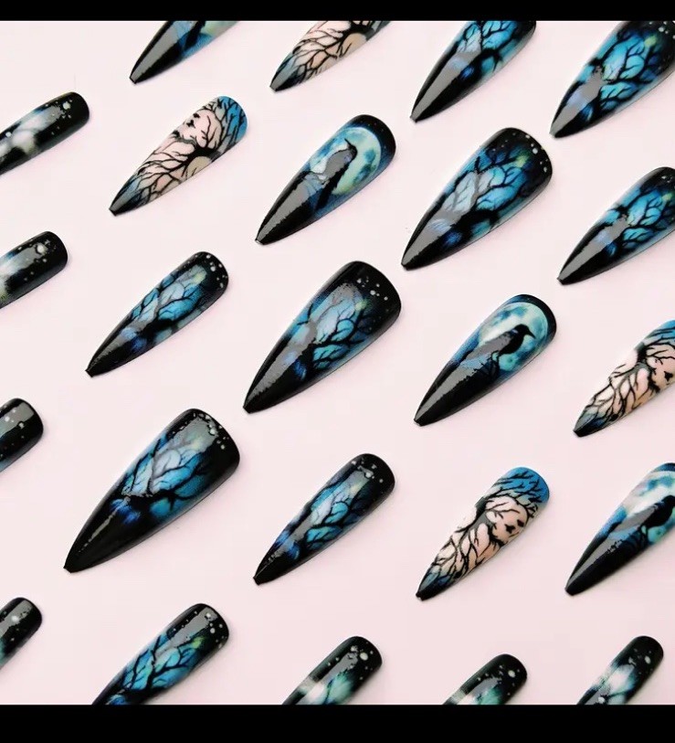 Raven 24 Pc Black & Blue Bird Night Owl Noon Nail Tips Boxed Glue & Tabs Nails