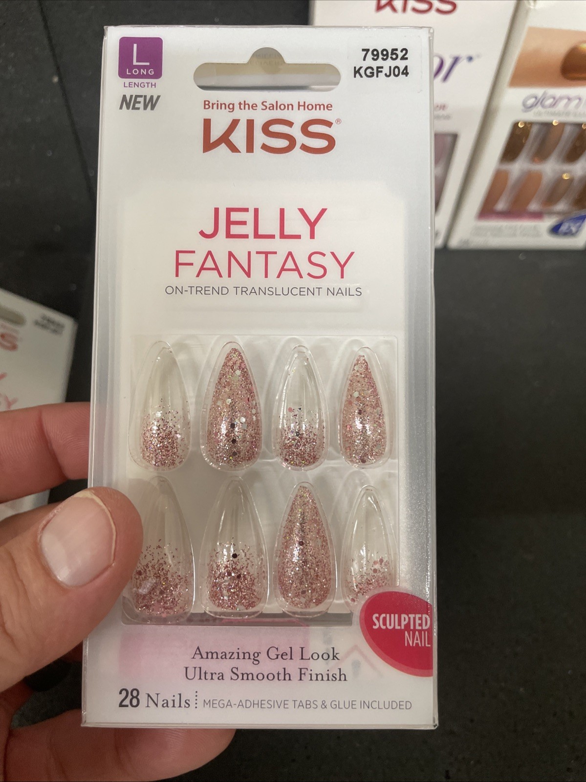 6 Kiss Glue-On Nails Lot Jelly Fantasy, Gel Fantasy, Glam Fantasy Long Med.