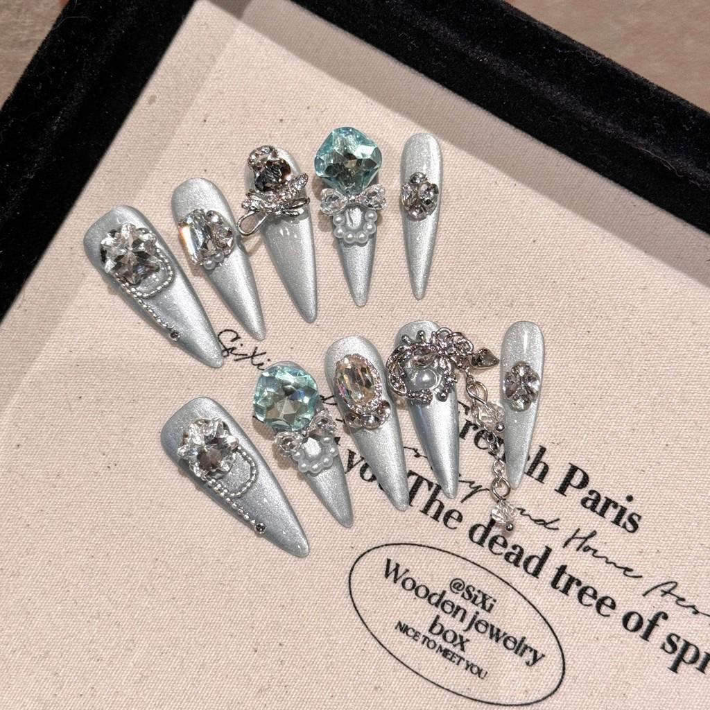 Handmade Blue 3D Clear Cat Eye Diamond False Nail Long Water Drop Press On Nail