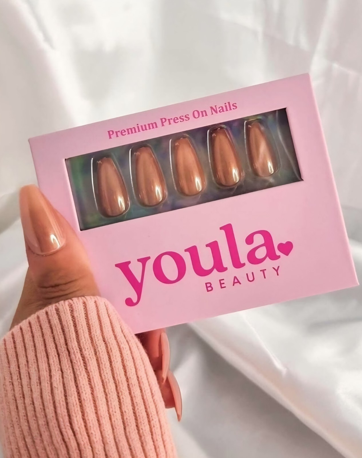 Youla Beauty Press-On Nails Beige Coffin Long – Reusable & Customisable