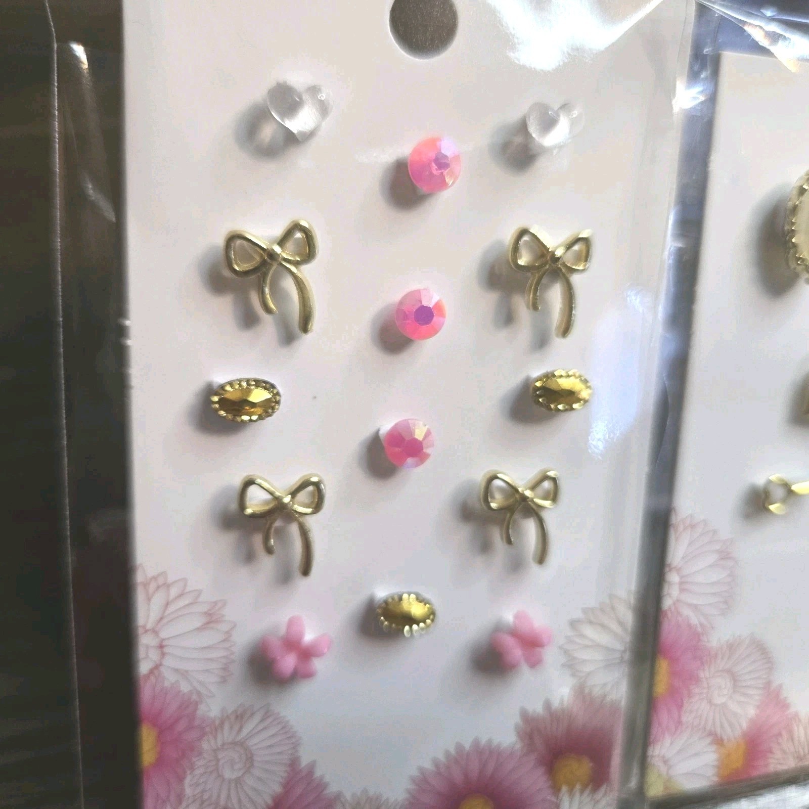 2 Sets 22 Pcs 3D Nail Art Charms Gold Bows Cameo Gems Lock & Keys Pink Flowers