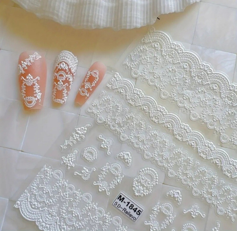 NWT 》3 SHEETS《 NAIL ART DESIGN BLACK & WHITE FAUX LACE SELF-SEAL STICKERS!