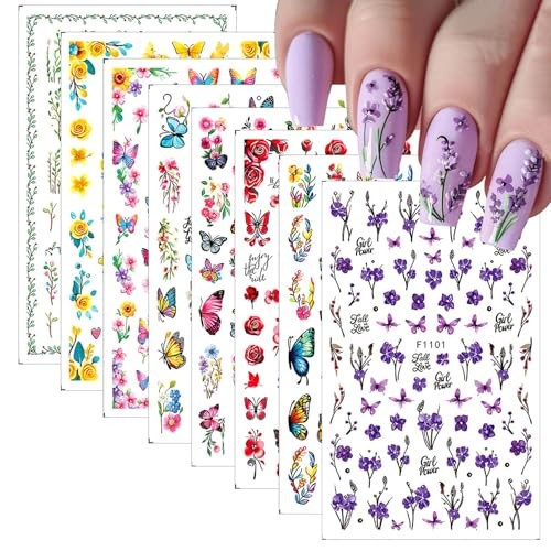 Vibrant Flower Nail Art Stickers – Colorful Butterfly, Leaves, Flowers Design