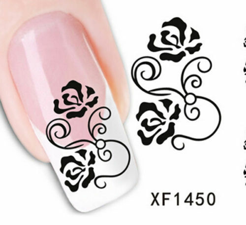 Nail Art Water Transfer Sticker Decal Stickers Pretty Flowers White Black XF1450