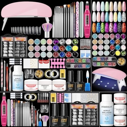 Professional Acrylic Nail Kit with Drill & UV Light – 3PC Powder, 24PC Glitter,