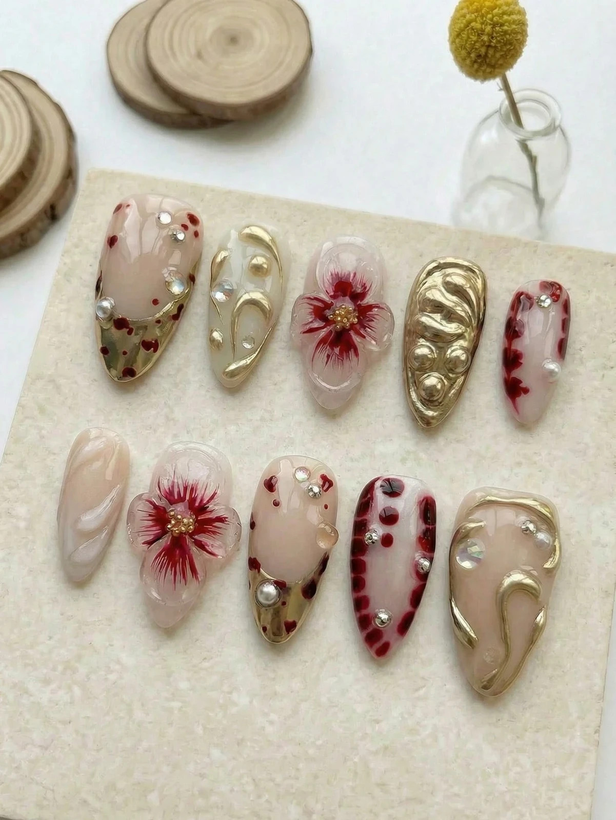 10PCS Handmade Almond Press On Nails Zebra Tortoise French Metal Charms Reusable