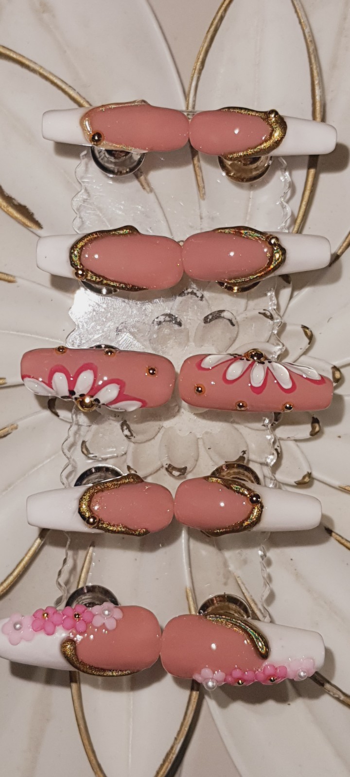 Nude 3D Floral Design Gel Nails