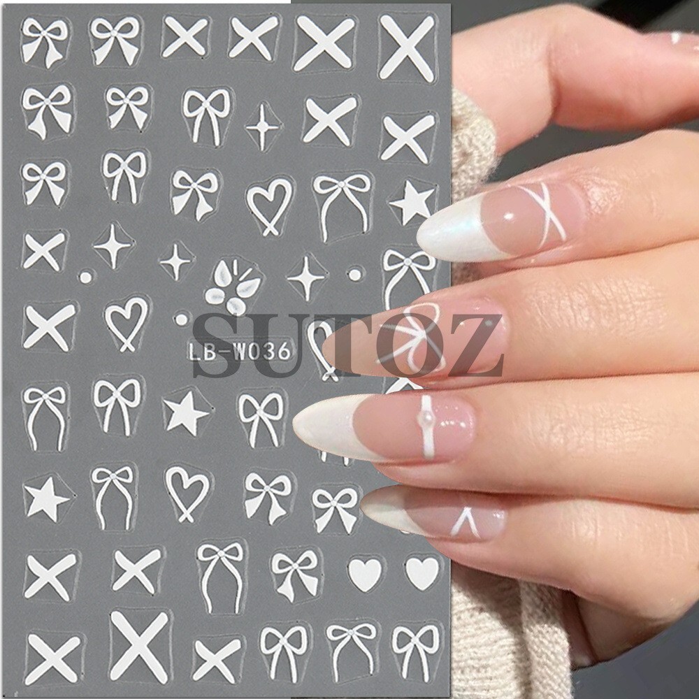 2Sheets Nail Art Stickers Pink White Bow Tie Heart Star French Tip LBW35/36 NH28