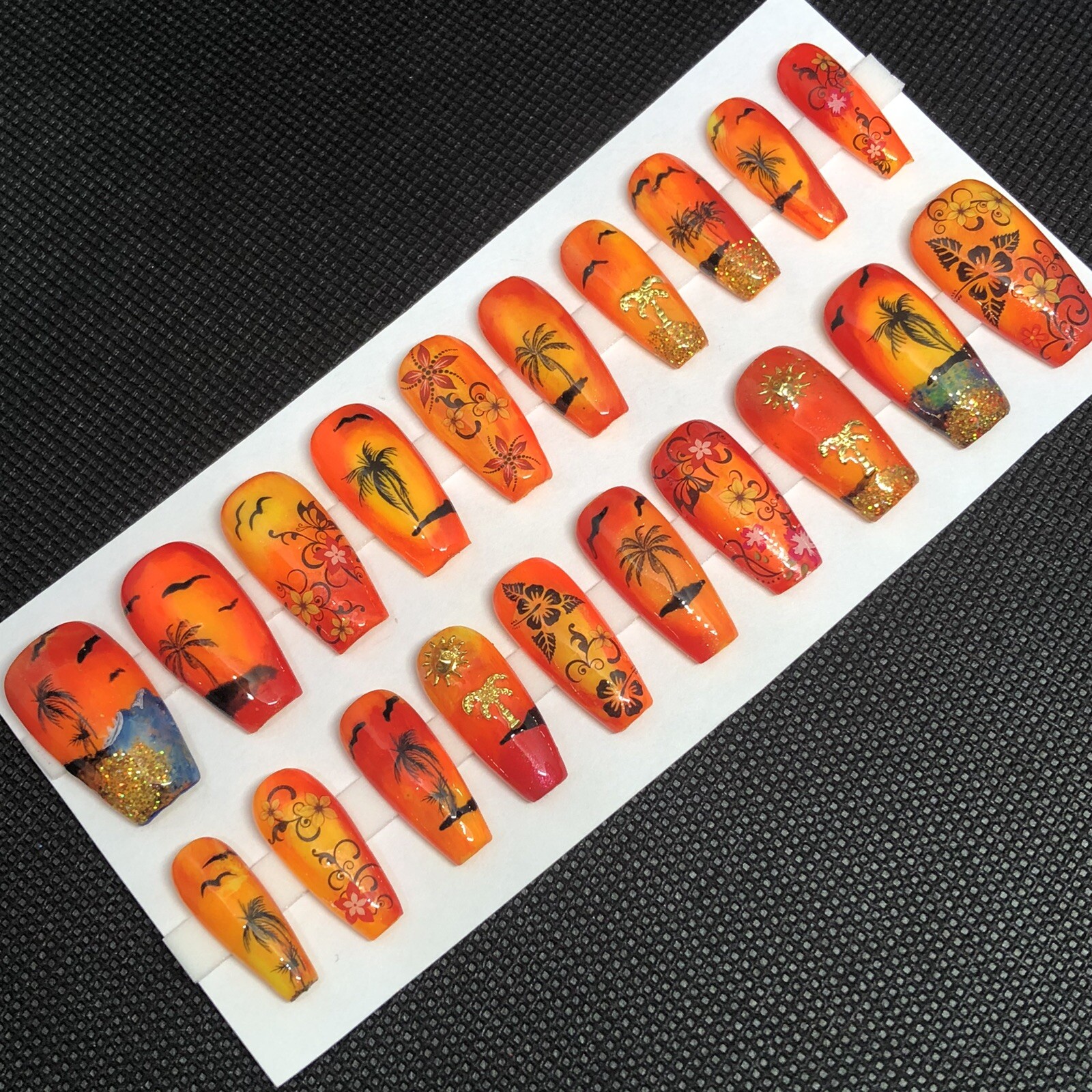 Handmade Custom Press On Nails Long Coffin Shape Summer Tropical Beach Nails