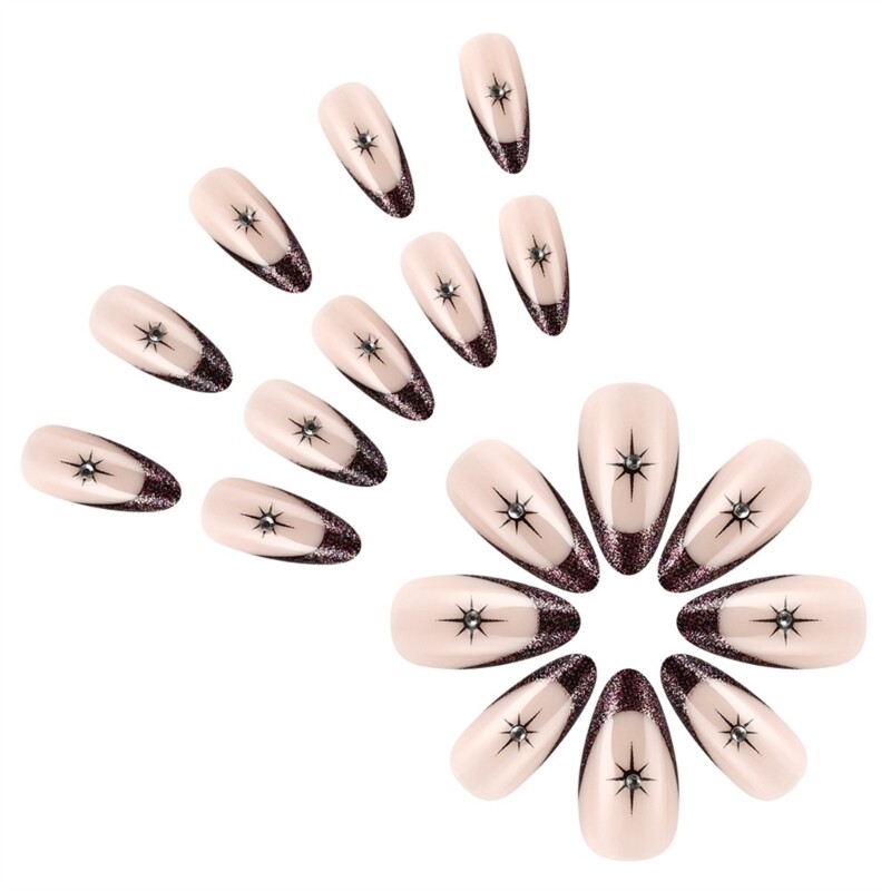 24 Pieces Short Length Almond Press On Nail Glitters Star Designs French Tip