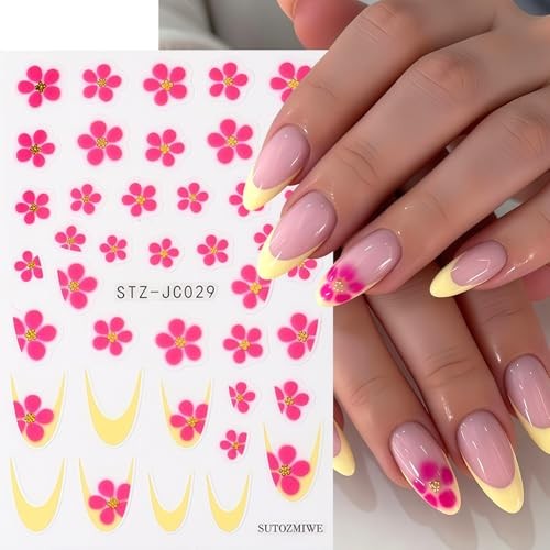 4 Sheets Flower Nail Stickers 3D Self-Adhesive Nail Decals with Summer Floral