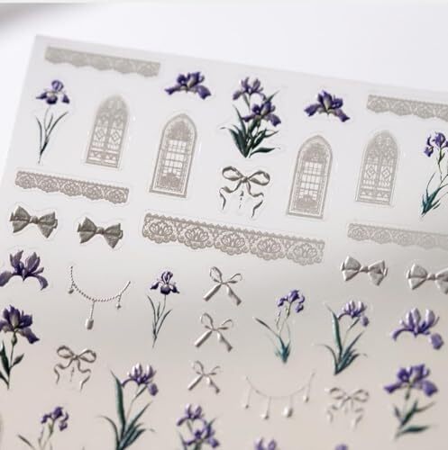 5D Embossed Purple Flower Nail Stickers White Bow Nail Art DEC5D Flower Purple