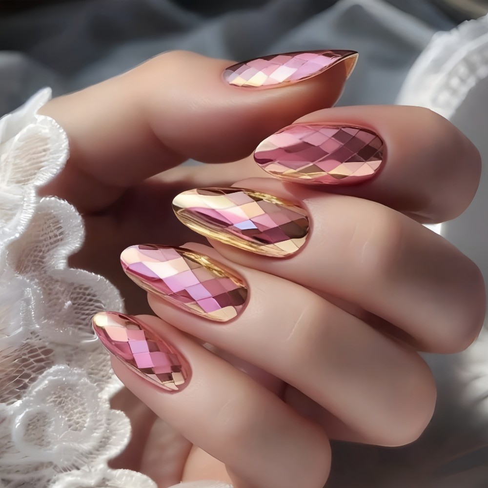 24pcs Gold Diamond-Cut Stiletto Press-On Nails, Luxe for Weddings & Parties
