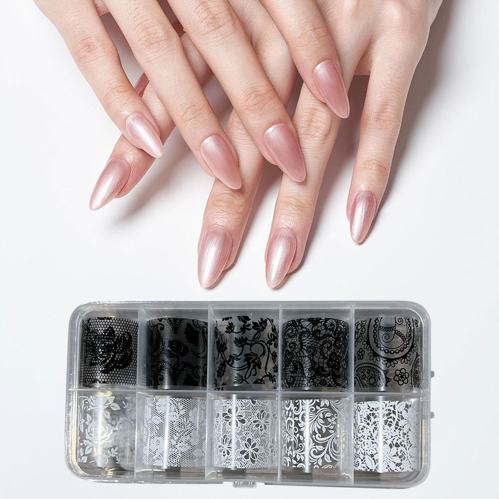 10 Rolls Sexy Lace Nail Foils Black White Transfer Paper Nail Art Stickers AE