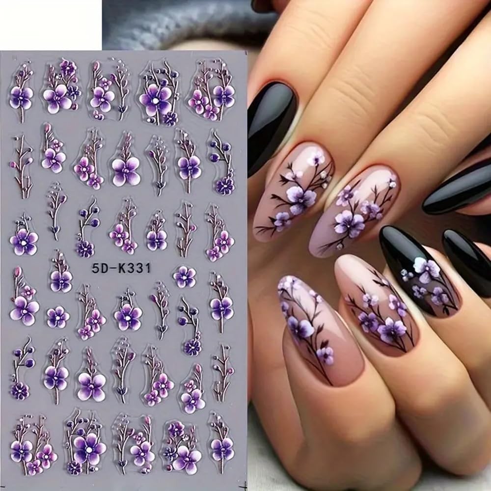 Purple Flower Nail Stickers 5D Embossed Branch Flowers Leaf Art A1