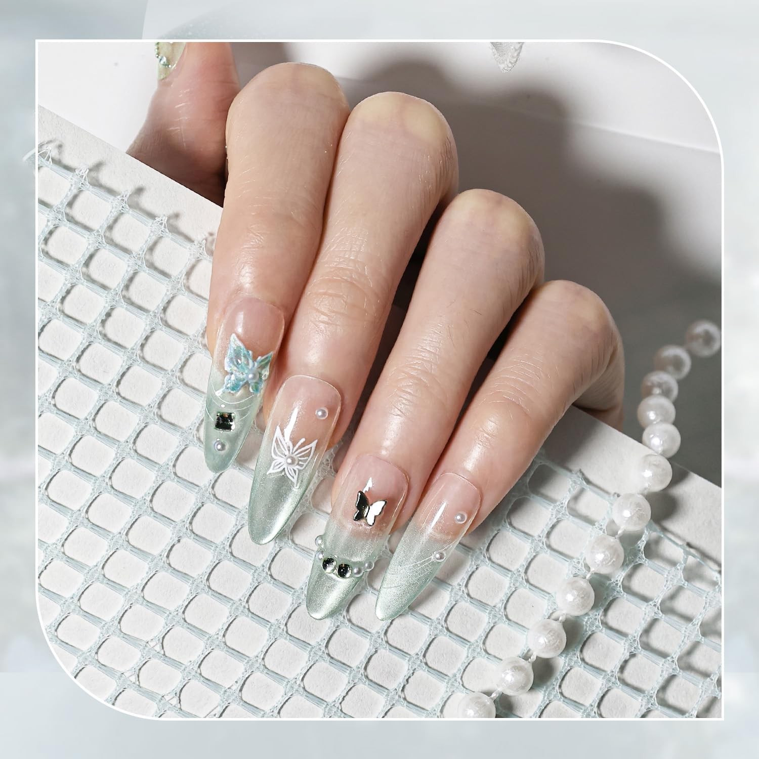Press on Nails Butterfly Almond Shape Cat Eye Handmade 3D Fake Nail Tips Reus…