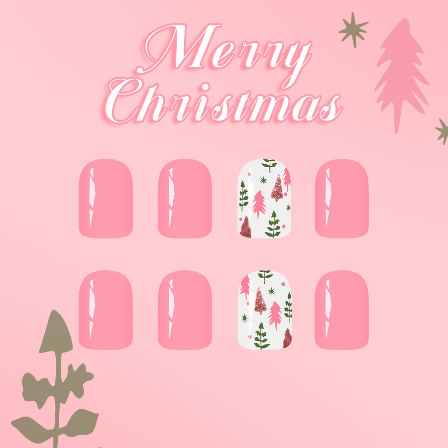 48pcs Christmas Pink Press On Nails Glitter Festive Holiday Wearable Nail Art