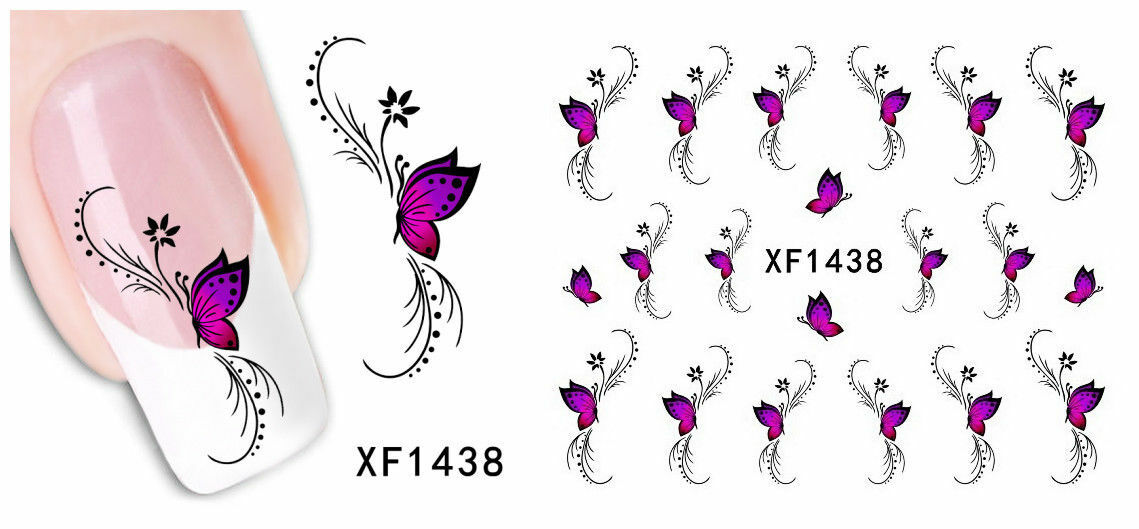 Nail Art Water Transfer Sticker Decal Stickers Pretty Flowers Pink Black XF1438