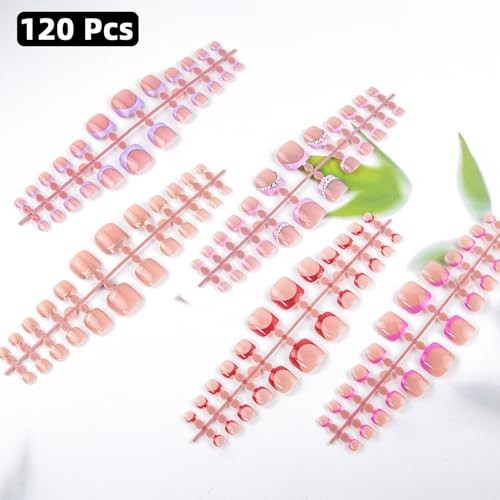 French Toe Nail Tips Press on Toenails，120Pcs 5 Style Soft Gel Toe Nail Press