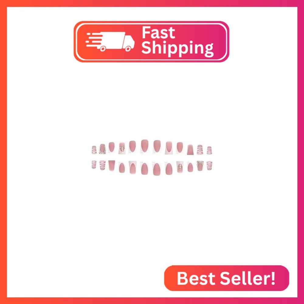 24Pcs Pink Duck Press on Nails Medium French Tip Fake Nails Handmade Nails Press