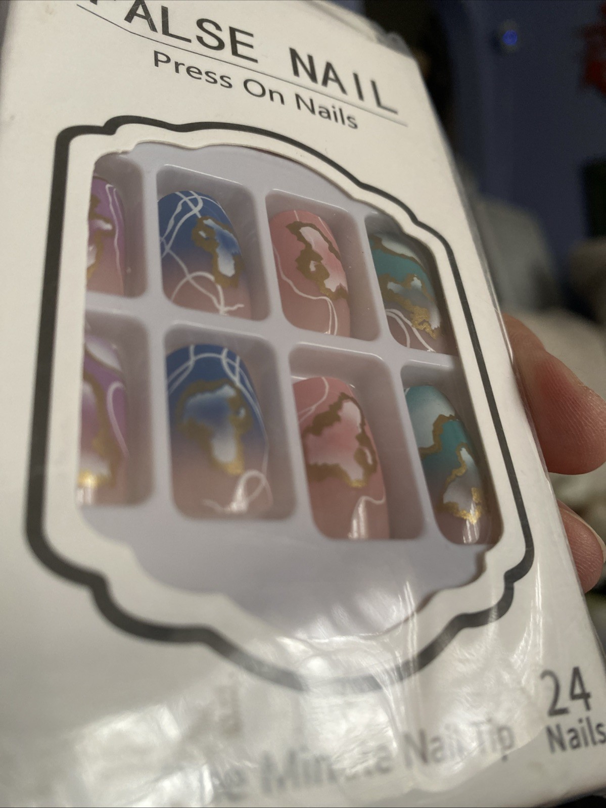 24 Pc Square Pastel Shiny Medium Press On Nails w/Glue & Stickons Glossy Easter