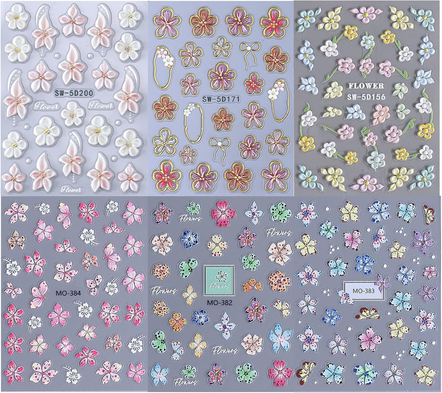 Flower Nail Art Stickers Decals 6PCS 5D Embossed Hibiscus Nail Stickers Self Adh