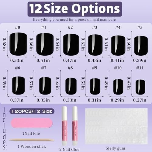 Press on Nails Short Square,120Pcs Glossy Fake Nails Full Cover Acrylic Black
