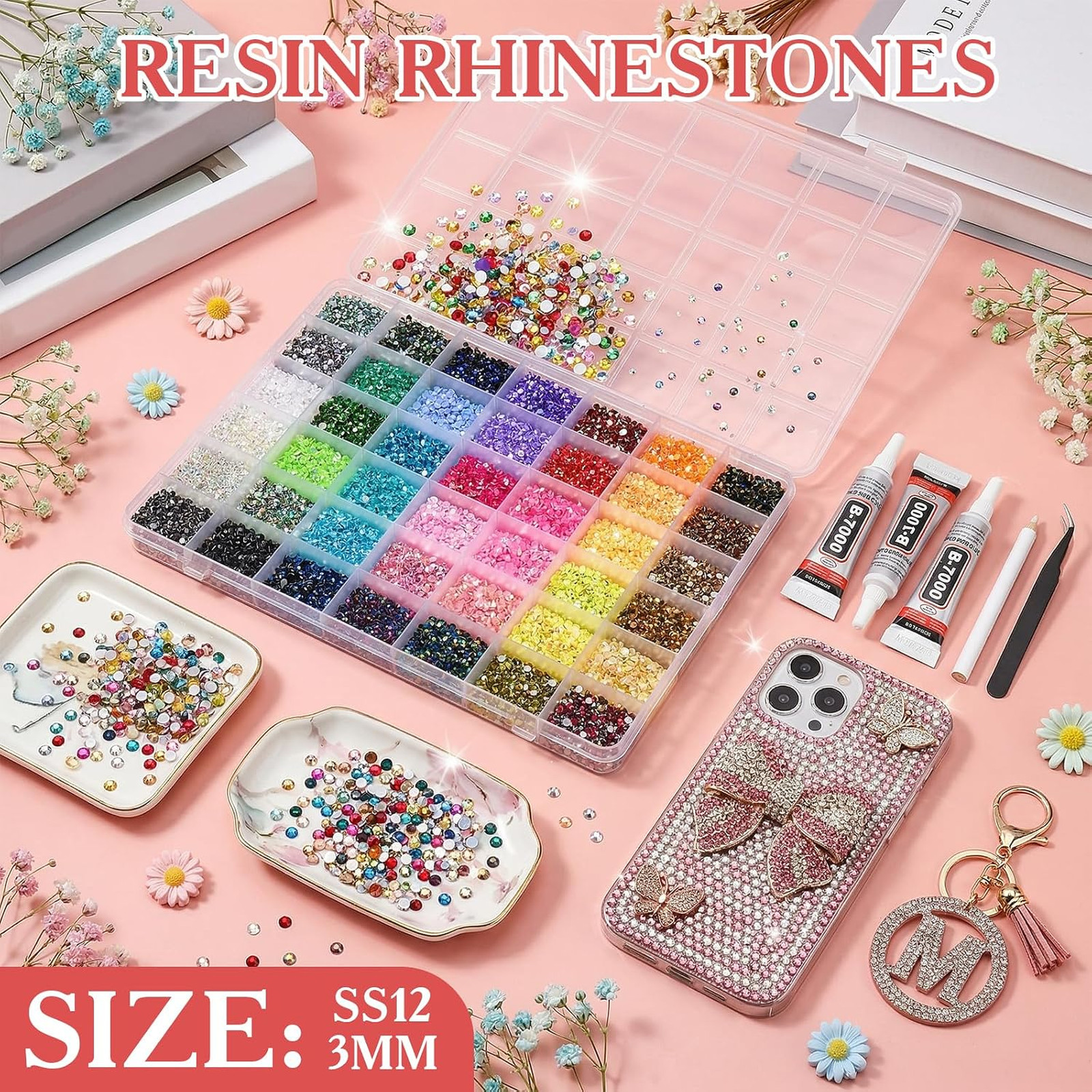 Bedazzling Kit with 3mm Rhinestones, Resin Flatback Gems, 42 Colors Craft