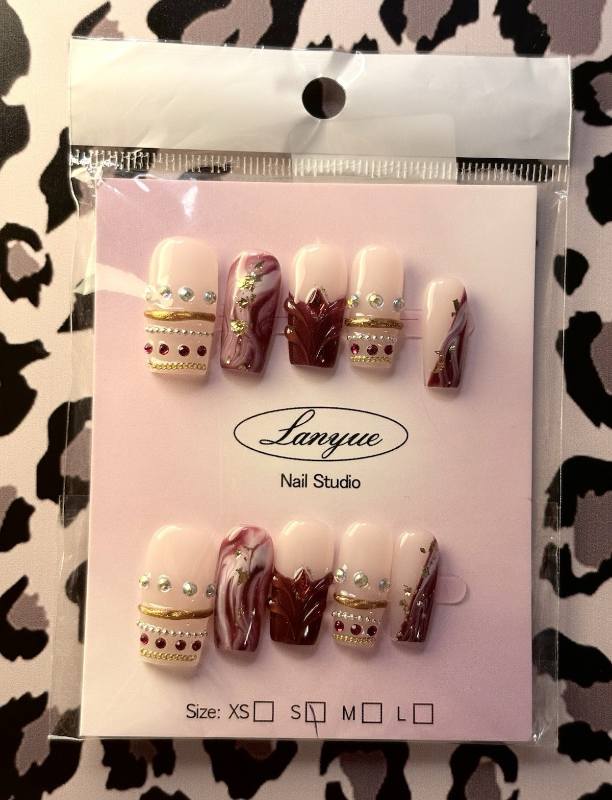 Lanyue Press-On Nails Pink Burgundy Gold 3D Marble Pre-Designed Long Square