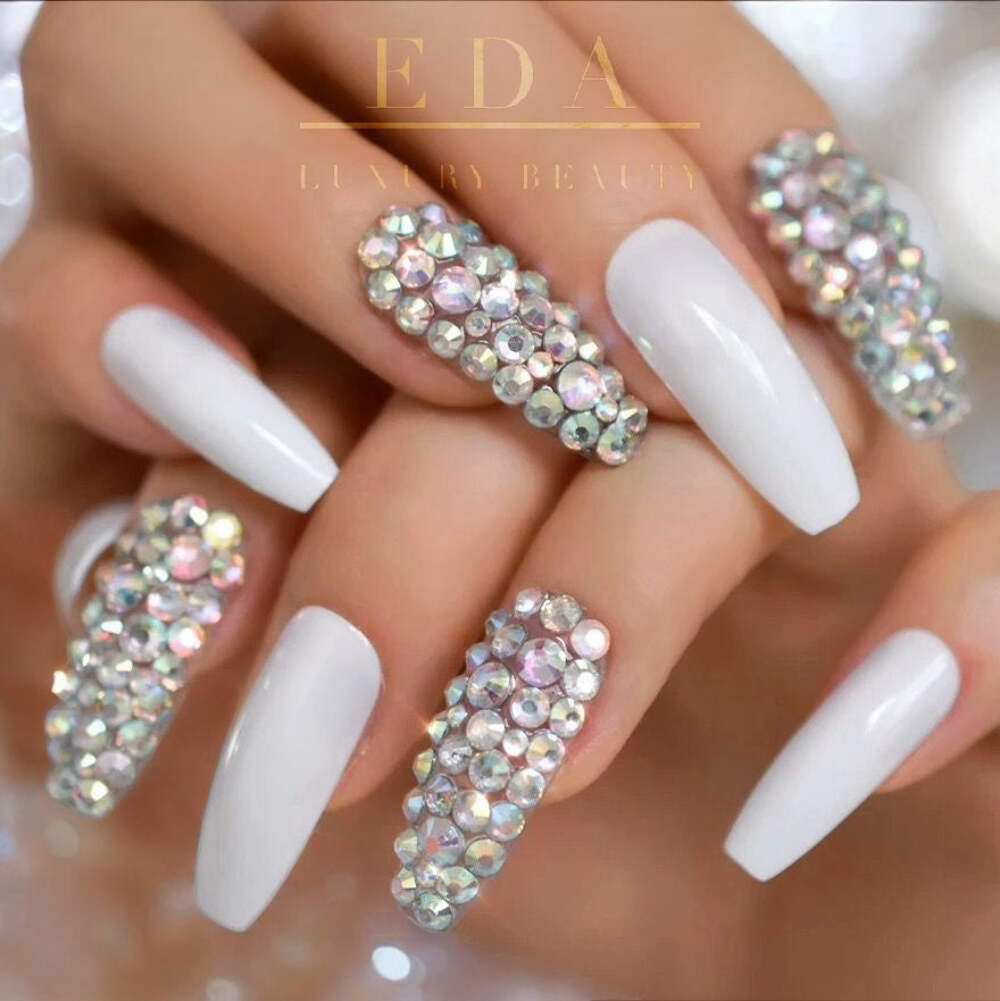 White 3D Crystals Coffin Ballerina Extra Long Rhinestones False Press On Nails