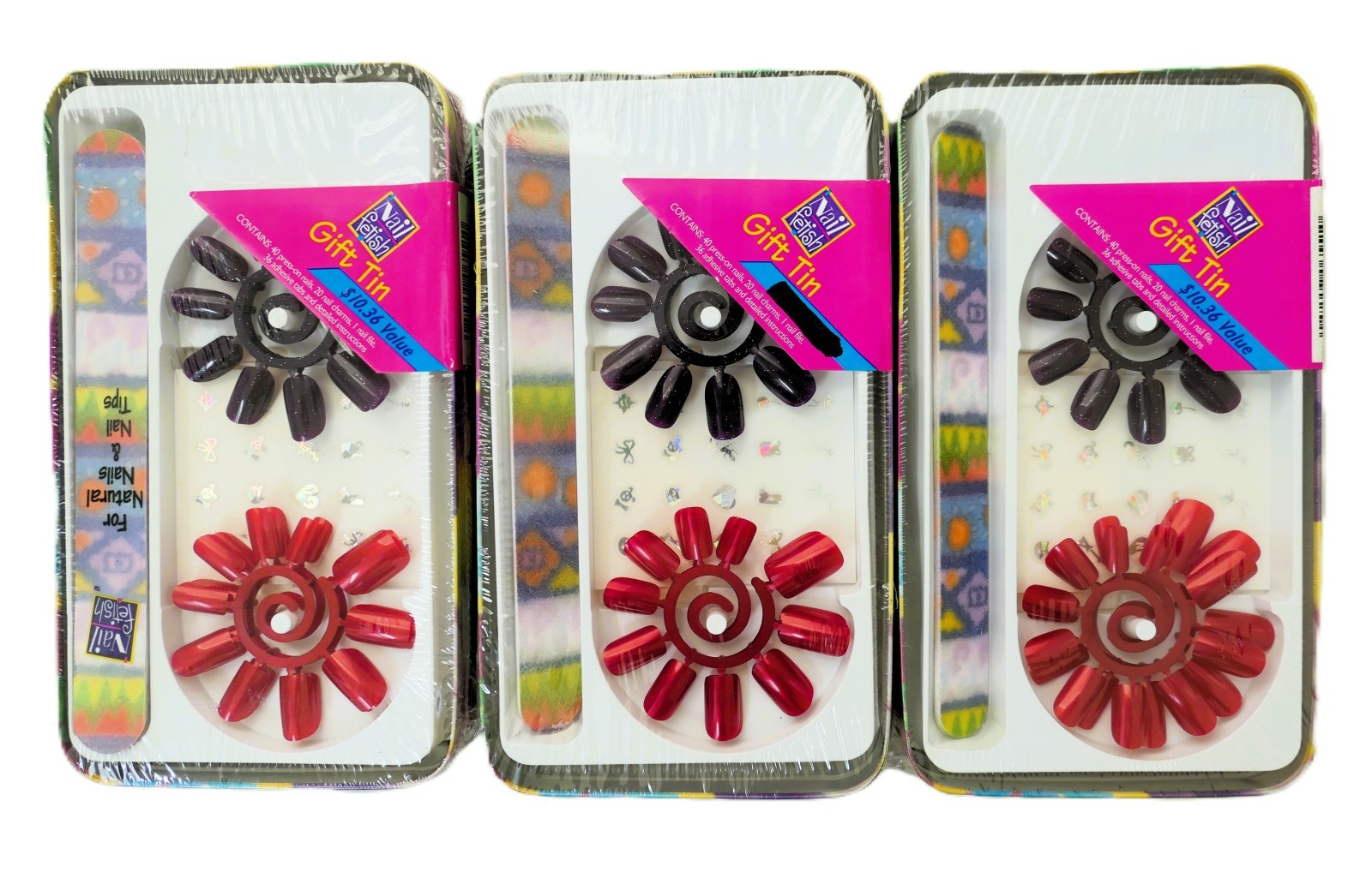 3 Pack Kids Nail Art Gift Tin Set • Press‑On Nails, Charms, Adhesive Tabs & Nail
