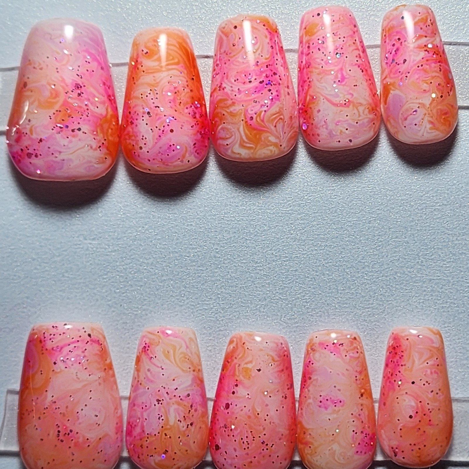 Summer Pink And Orange Glitter Swirl Medium Size Short Coffin Press On Nails