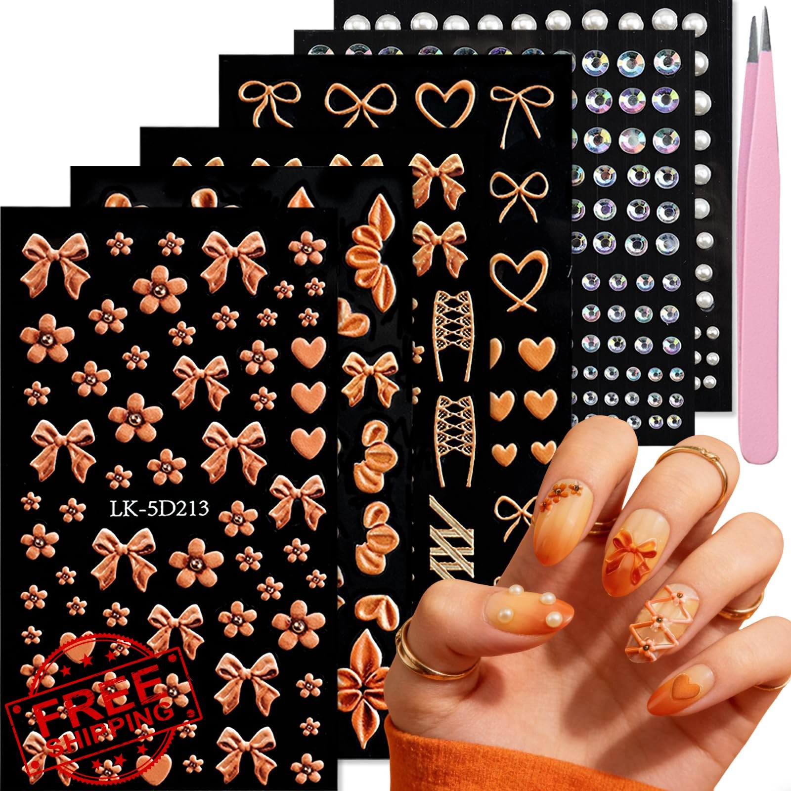 SEMATA Bow Flower Nail Stickers 5D Pearls Rhinestones