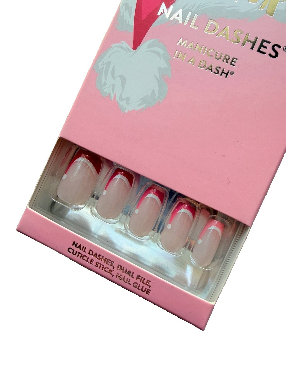 Red Aspen Press On Nail Dashes Pretty In Pink Mrs Claus Medium Coffin NIB