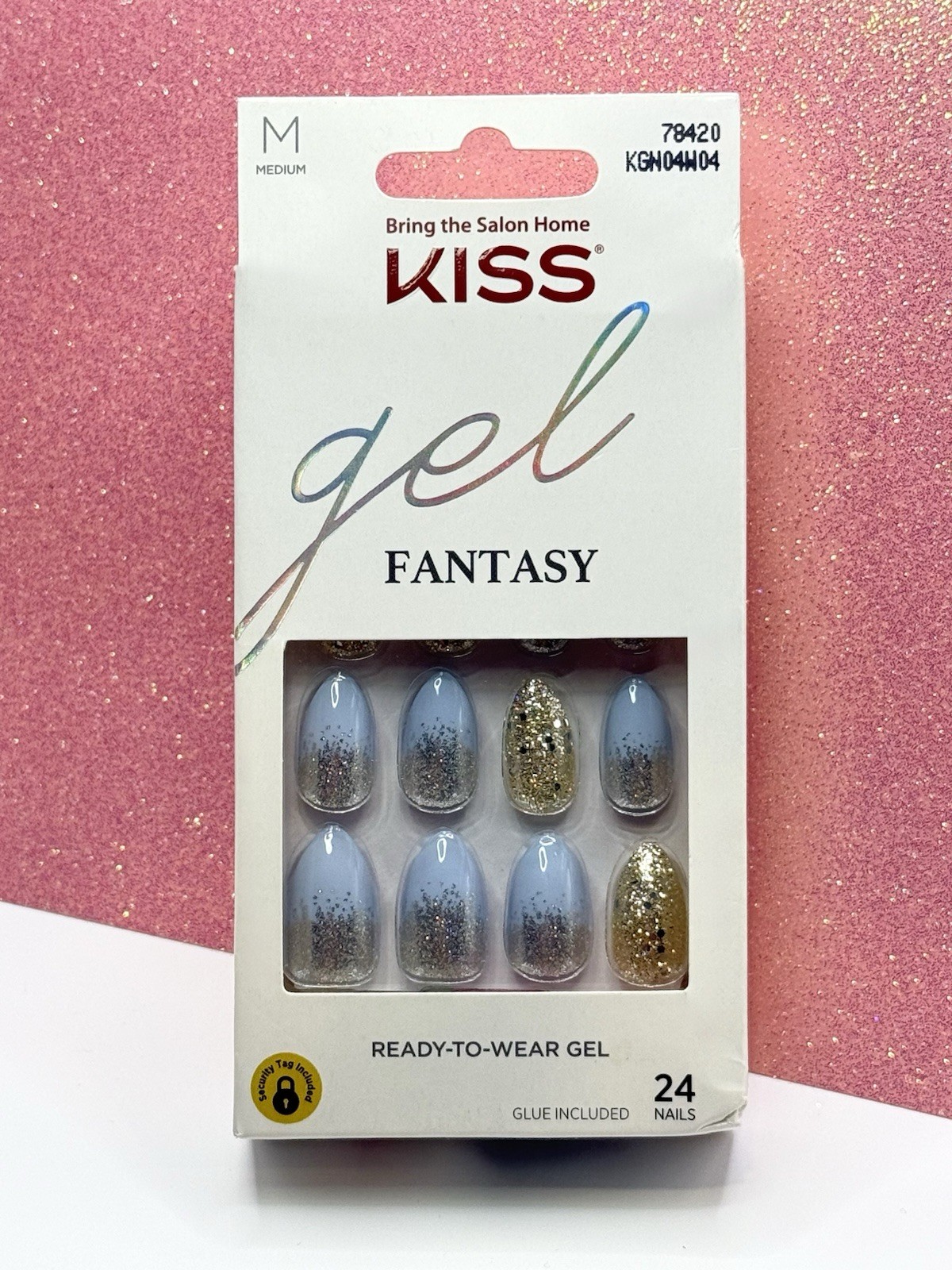 Kiss Gel Fantasy Almond Blue Glitter Medium Press-On Nails Manicure 78420