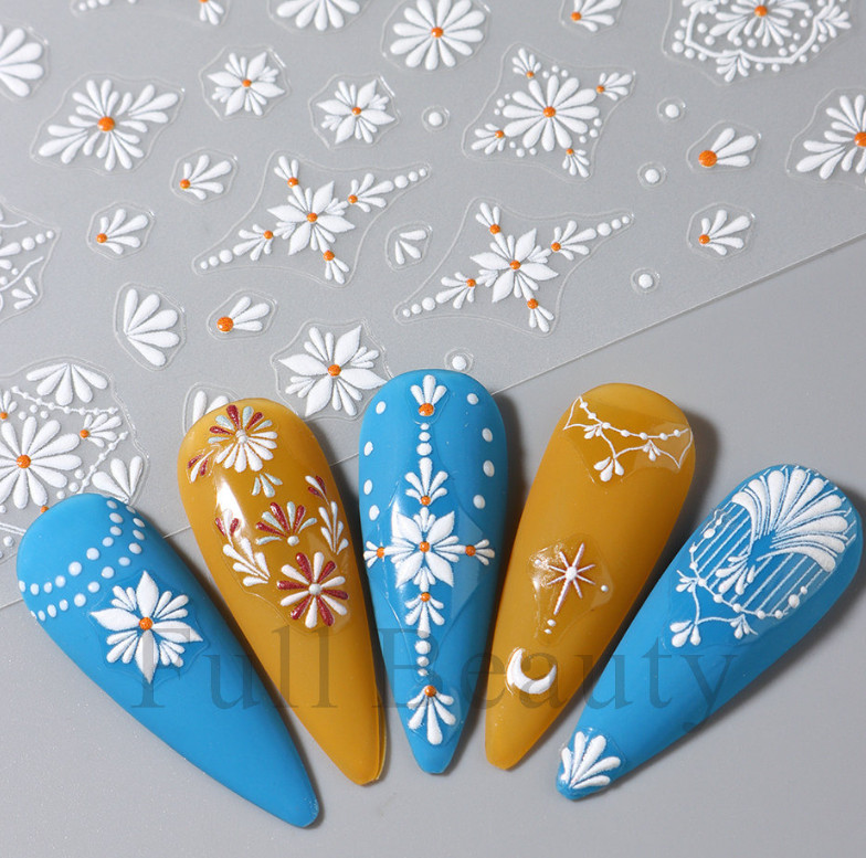 5D Embossed White Sakura Daisy Camellia Flowers Decal Nail Stickers Slider NS52