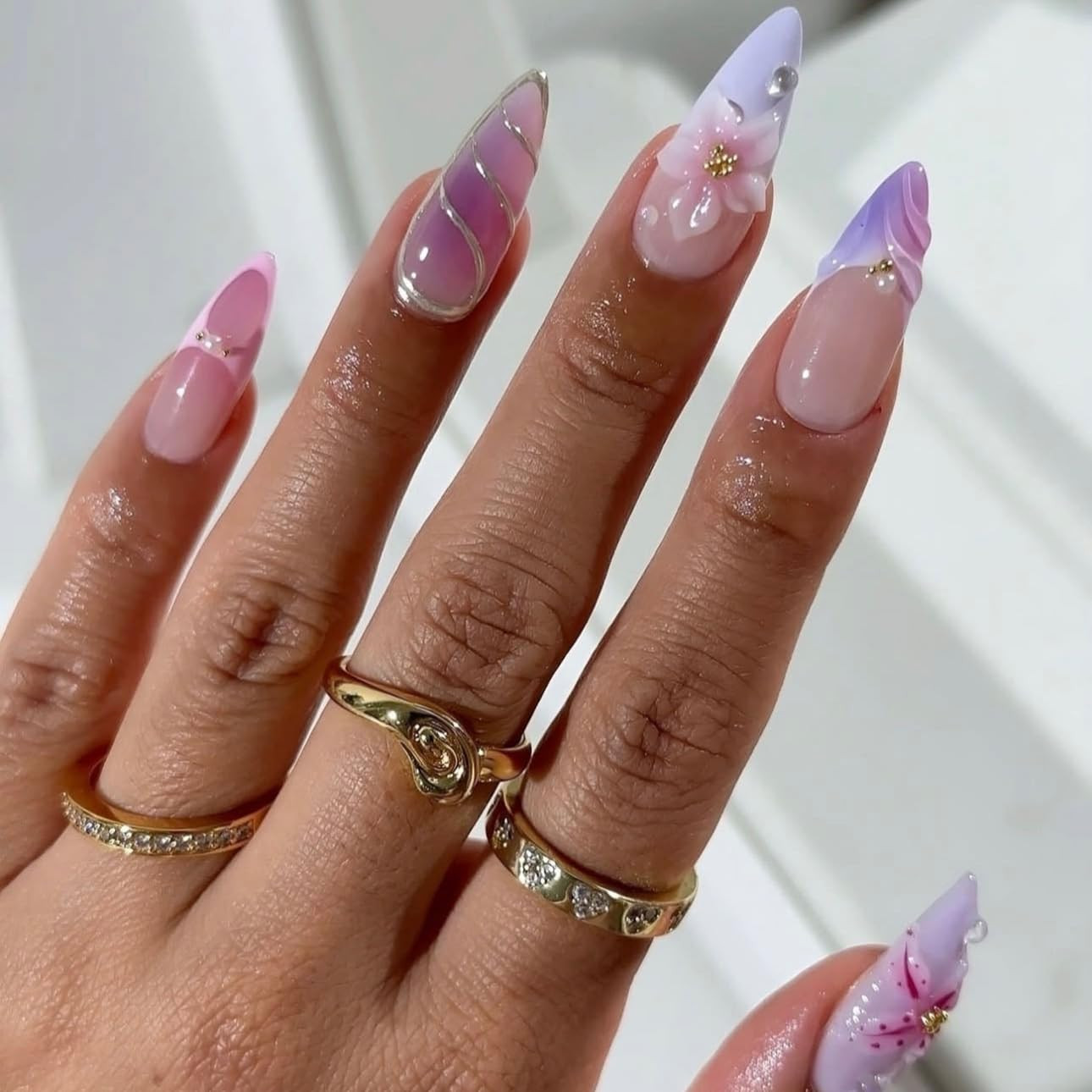 Purple Pink Press on Nails Almond – Medium 3D Embossed Flower Fake Nails with Pe