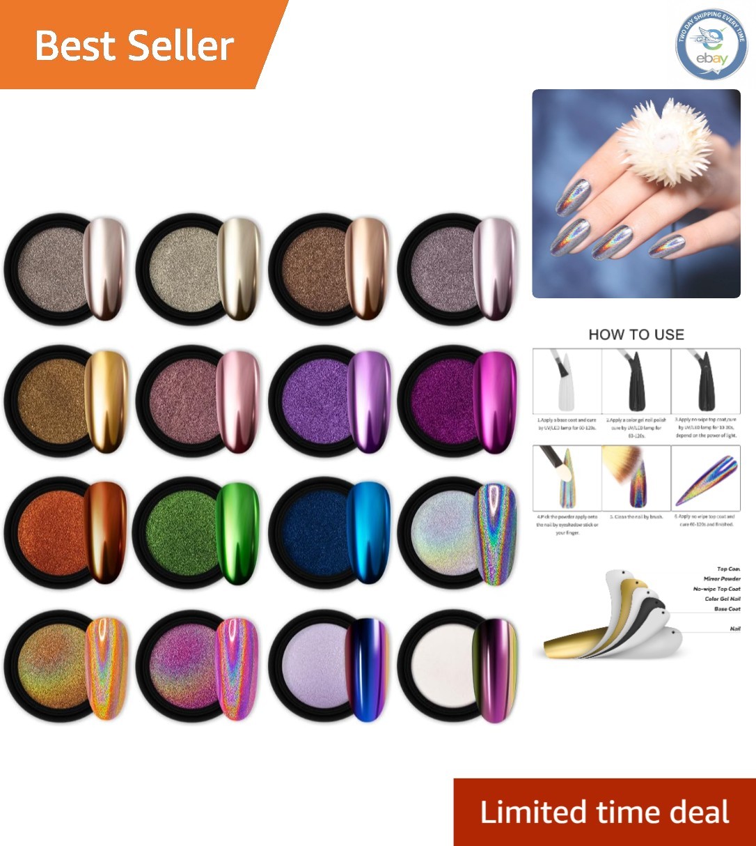 Professional 16pc Chrome Nail Powder Set – Glitter & Mirror Effects for Artistry